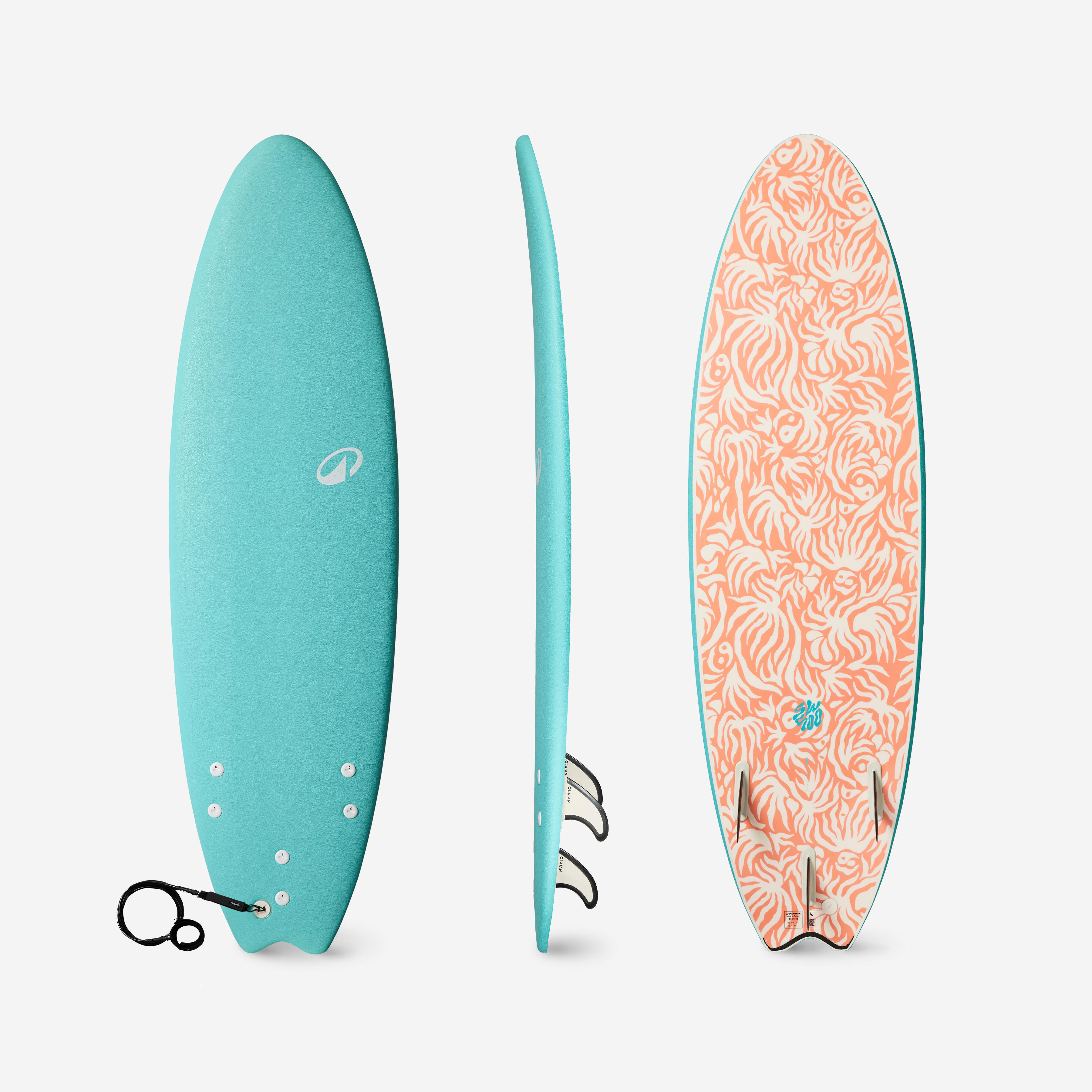 Surfboard Schaumstoff 6'6 Swallow Tail 55 l türkis