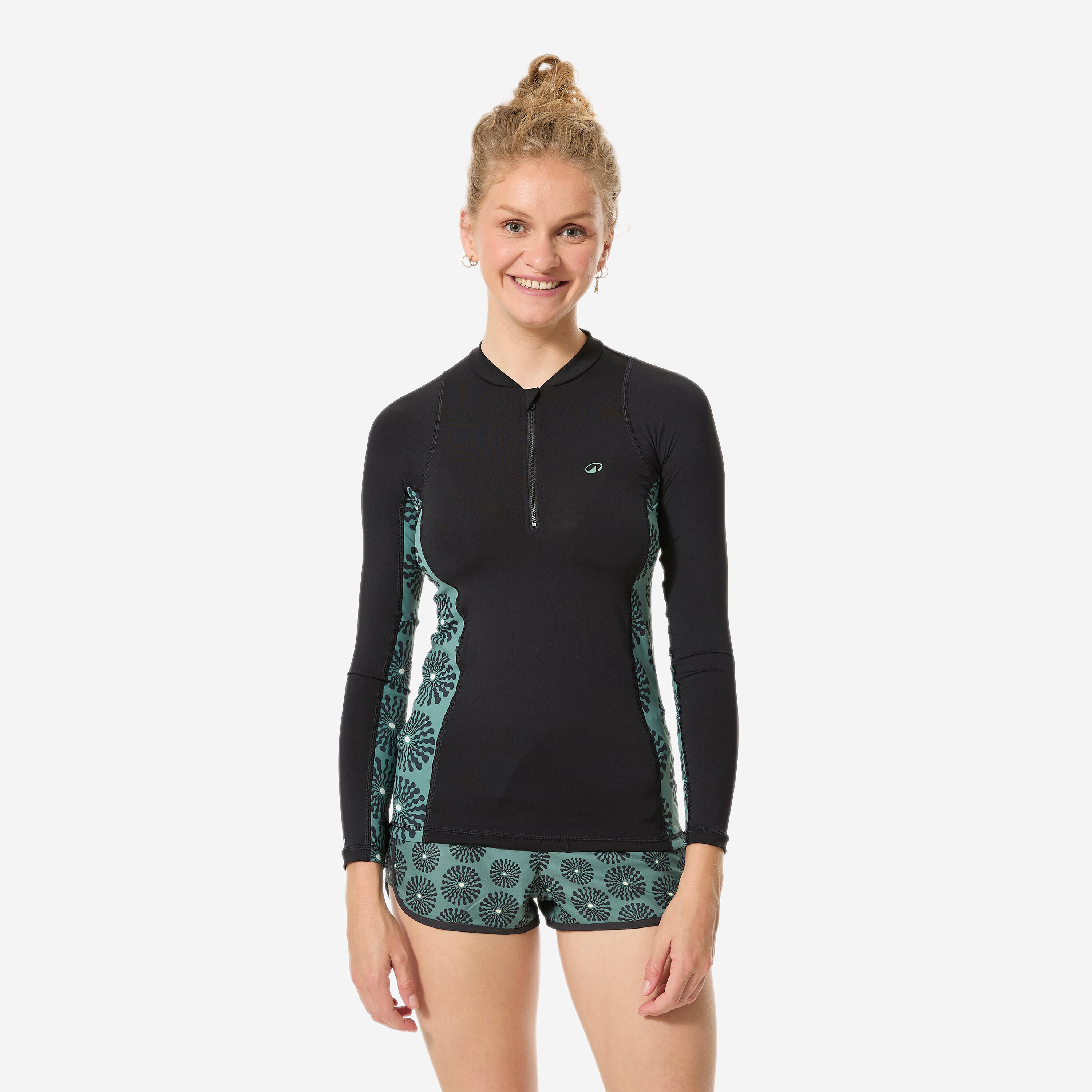 UV-Shirt Damen langarm Reißverschluss 500 Sunny schwarz/khaki