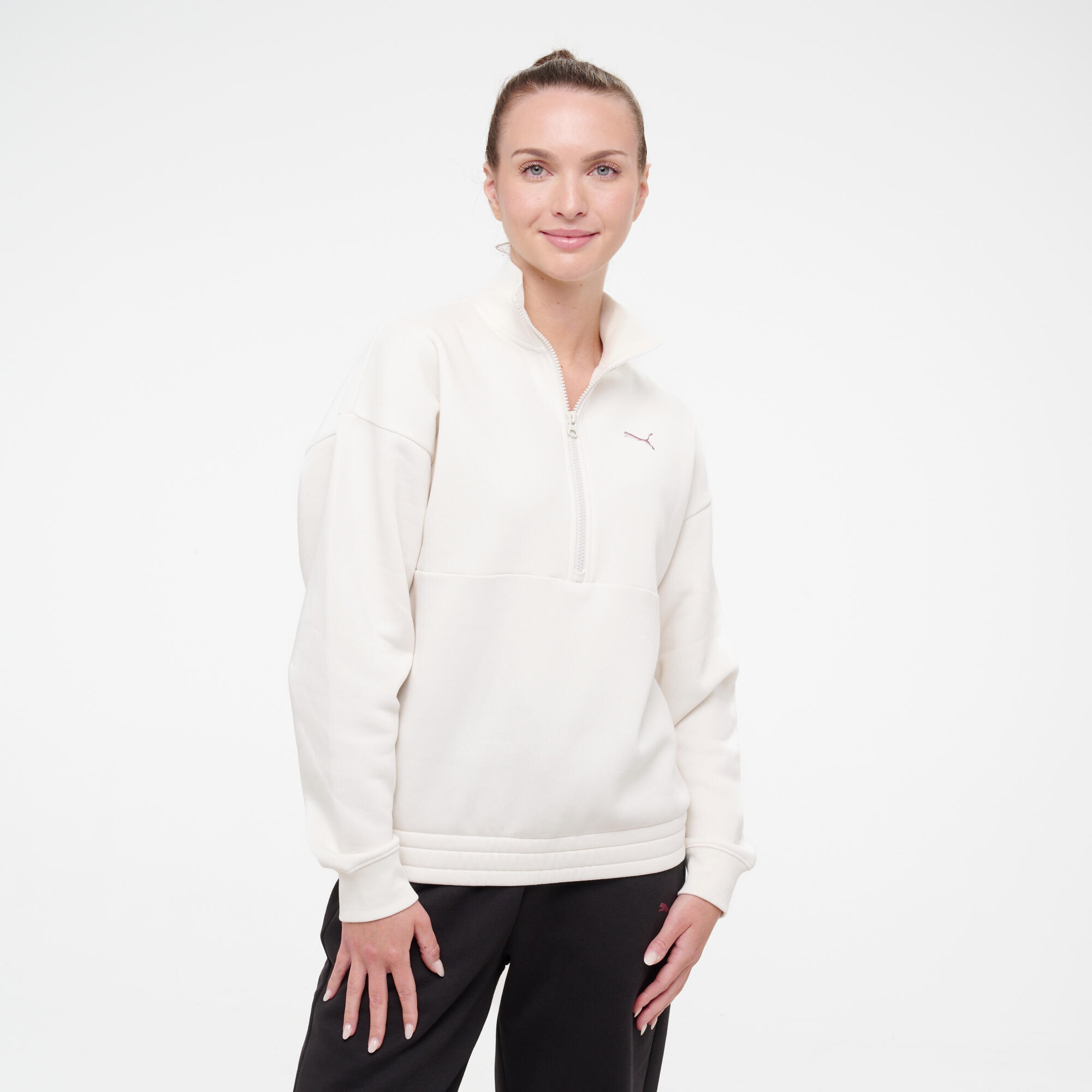 Sweatshirt Damen Kragen mit Zipp Baumwolle - weiß