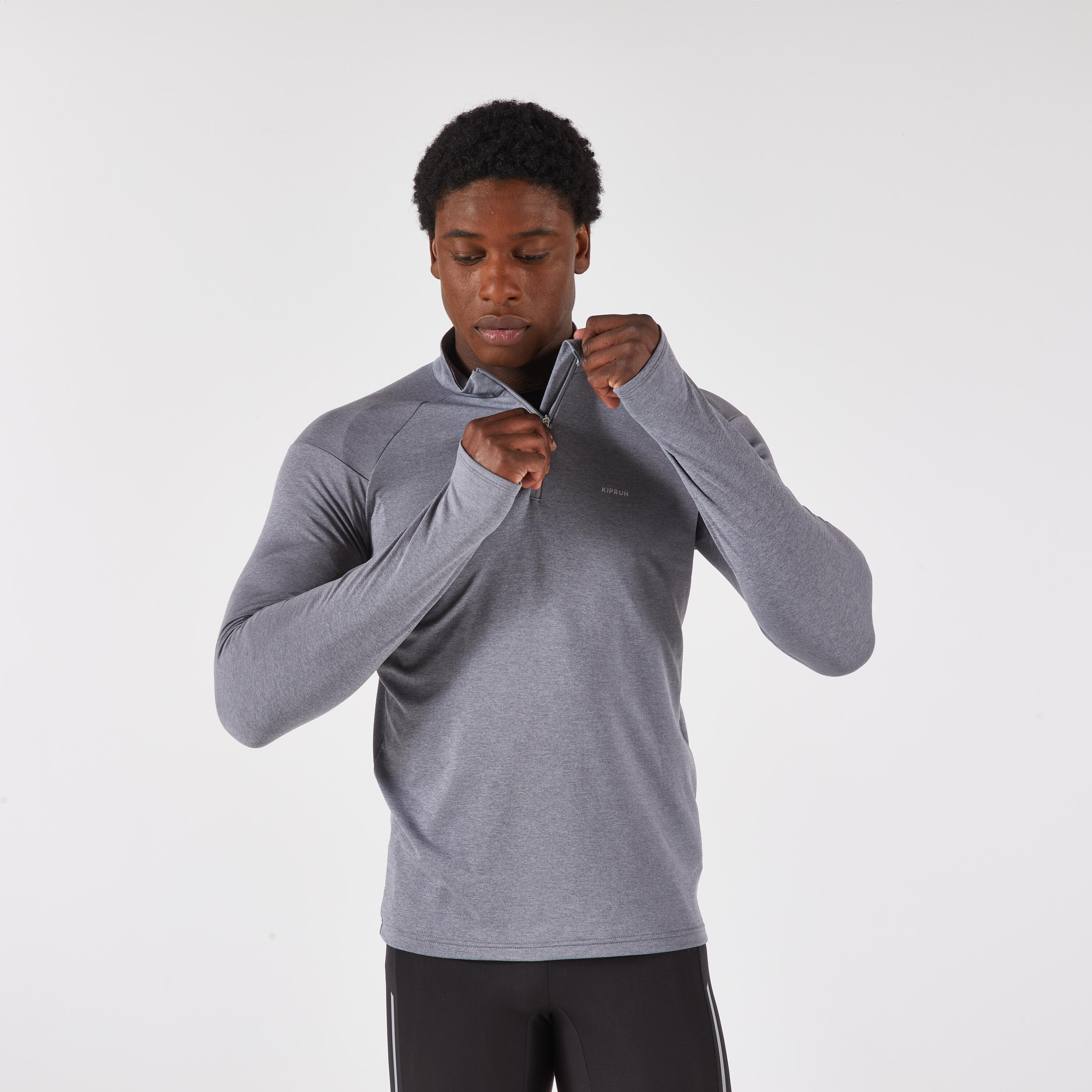 Laufshirt langarm Herren 1/2 Reißverschluss warm atmungsaktiv - Run 100 grau