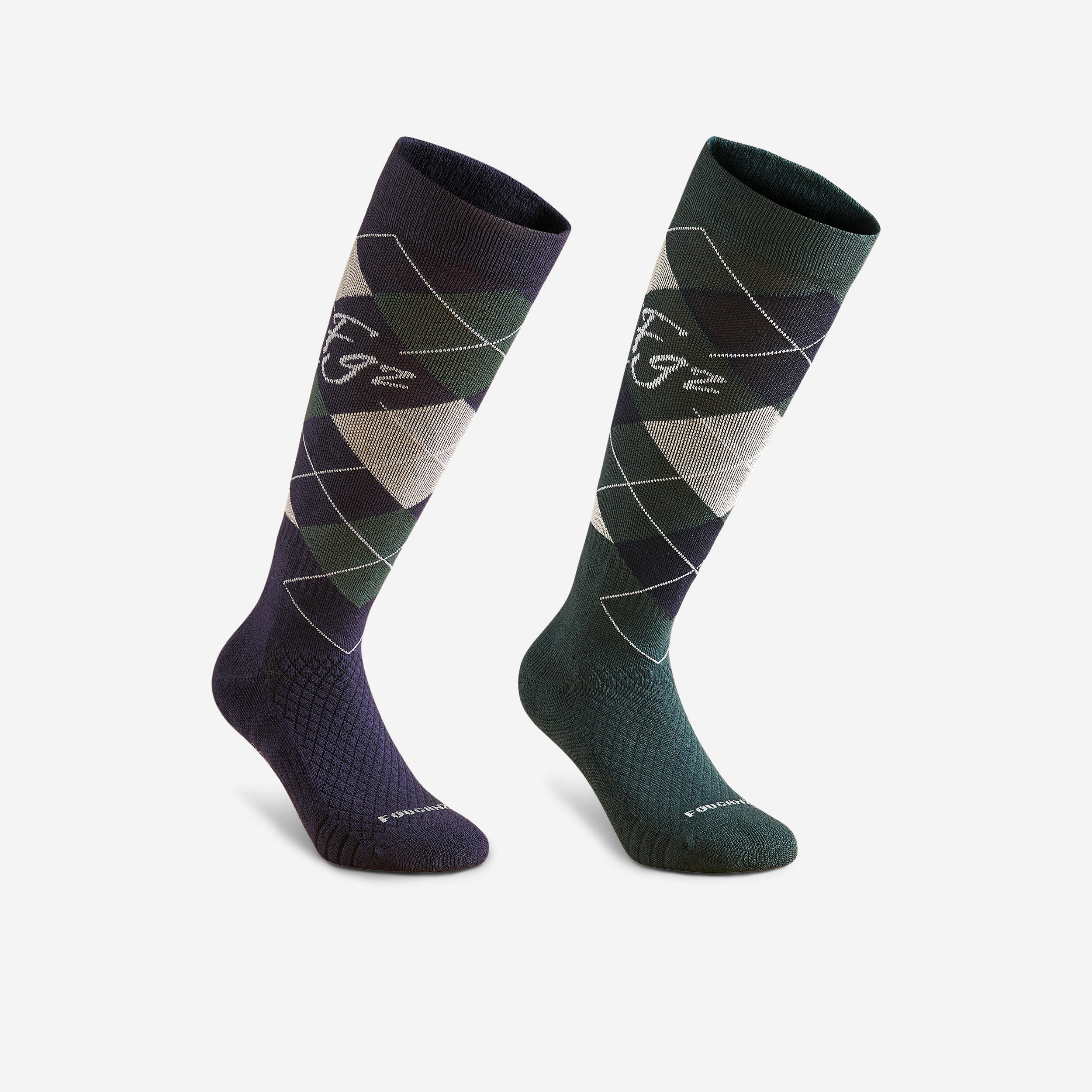 Reitsocken 500 kariert dunkelblau/grün 2er-Pack
