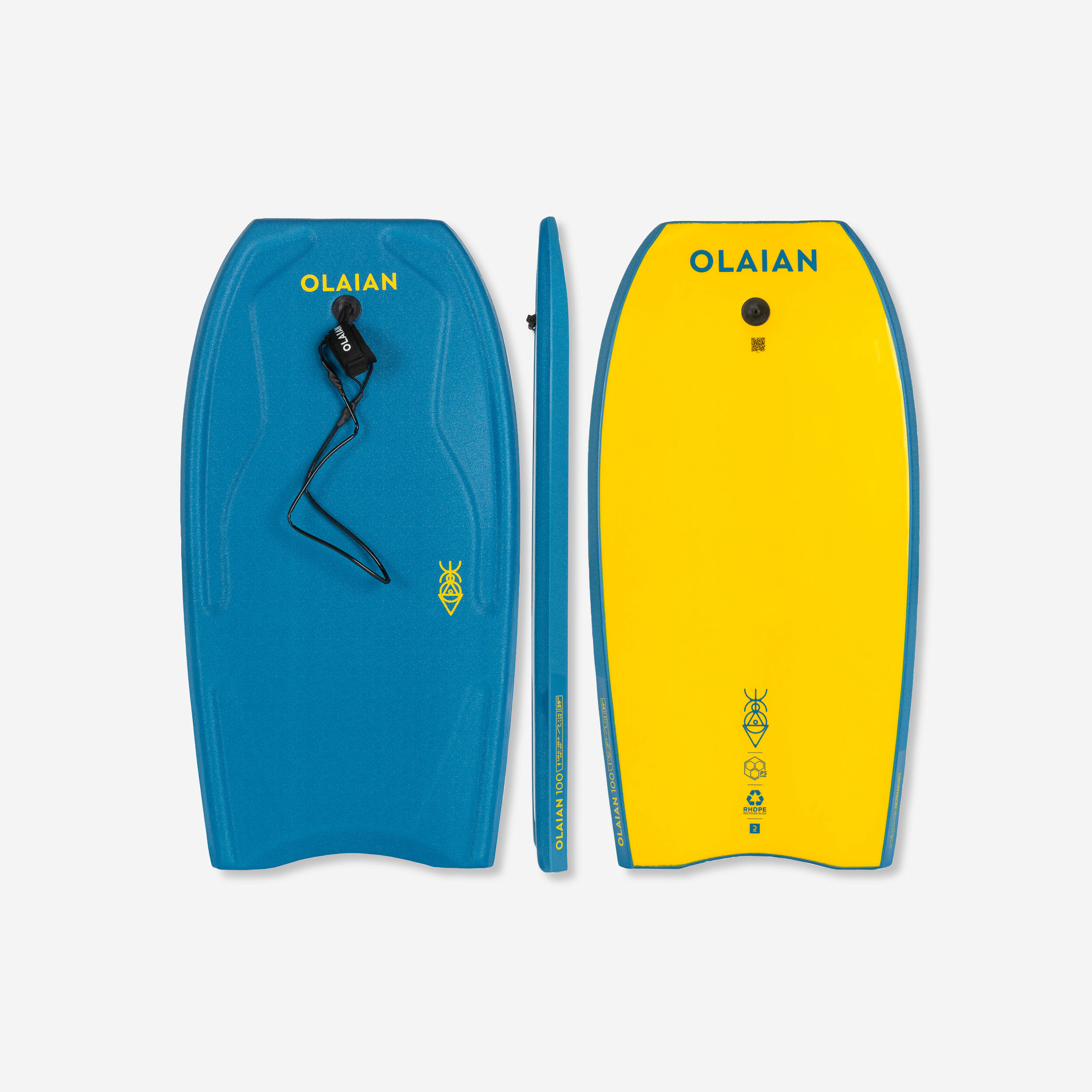 Bodyboard 39" mit Handgelenk-Leash 100 blau/gelb