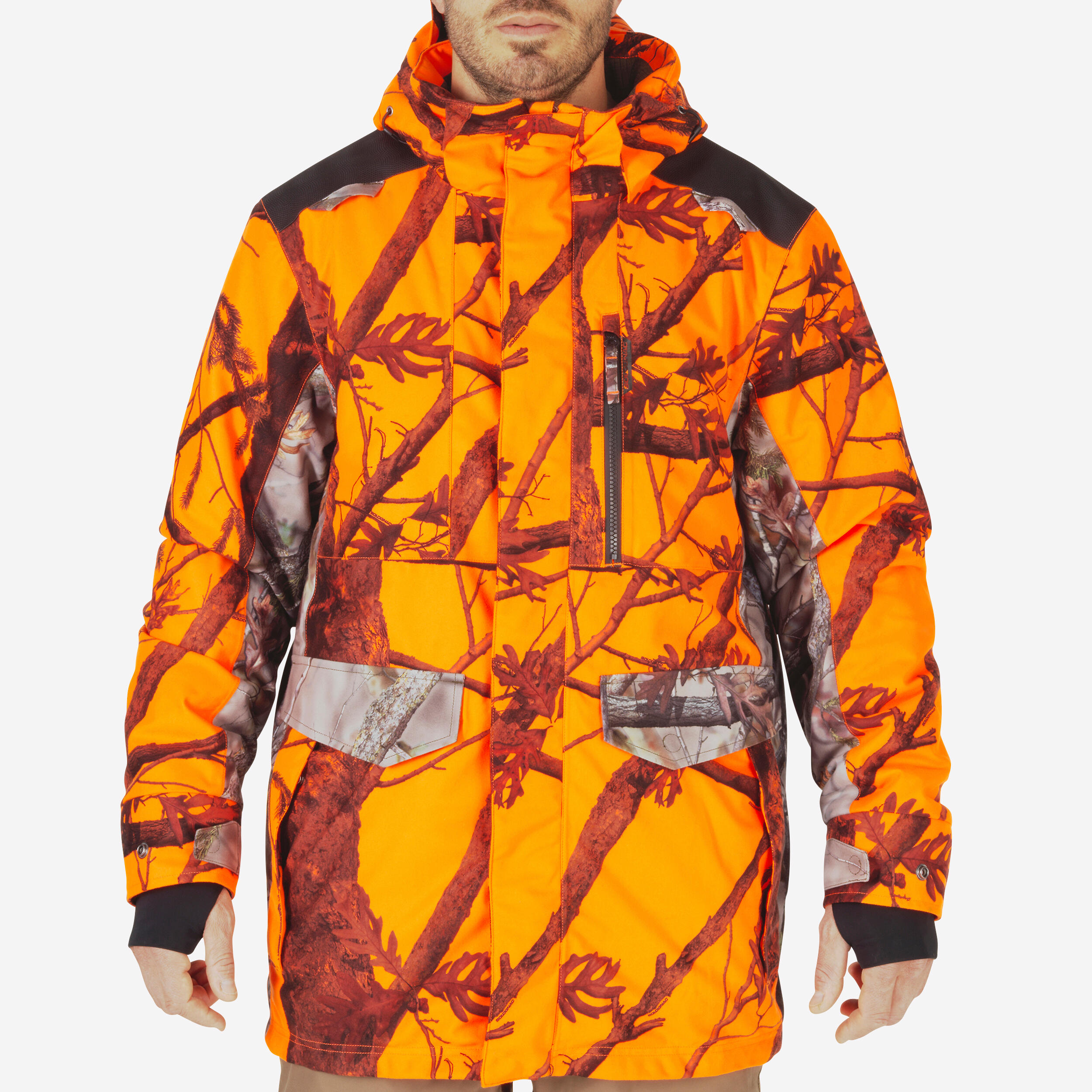 Jagdjacke Regenjacke 500 warm geräuscharm Camouflage/orange