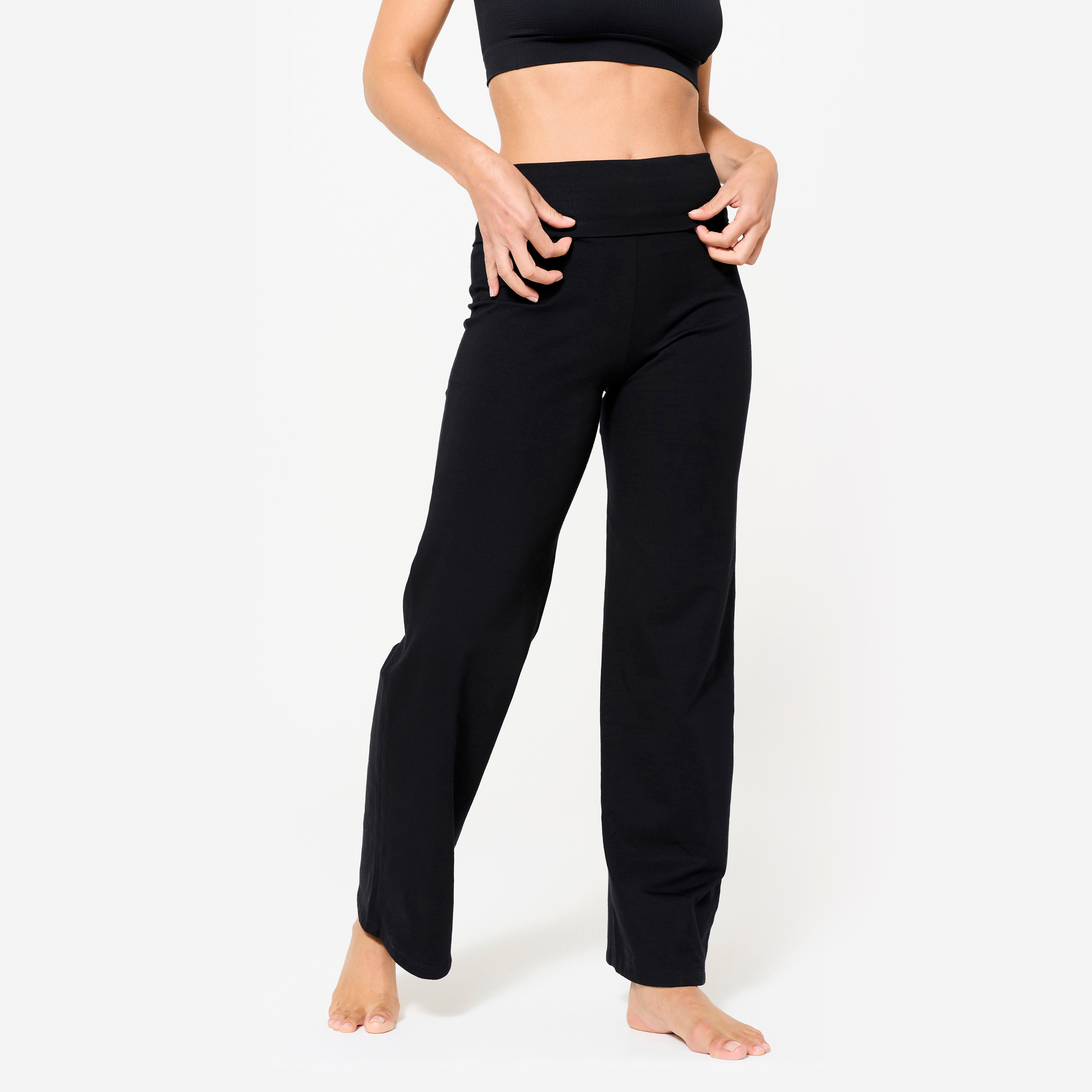 Yogahose Damen aus weicher Baumwolle hoher Bund – ultraschwarz