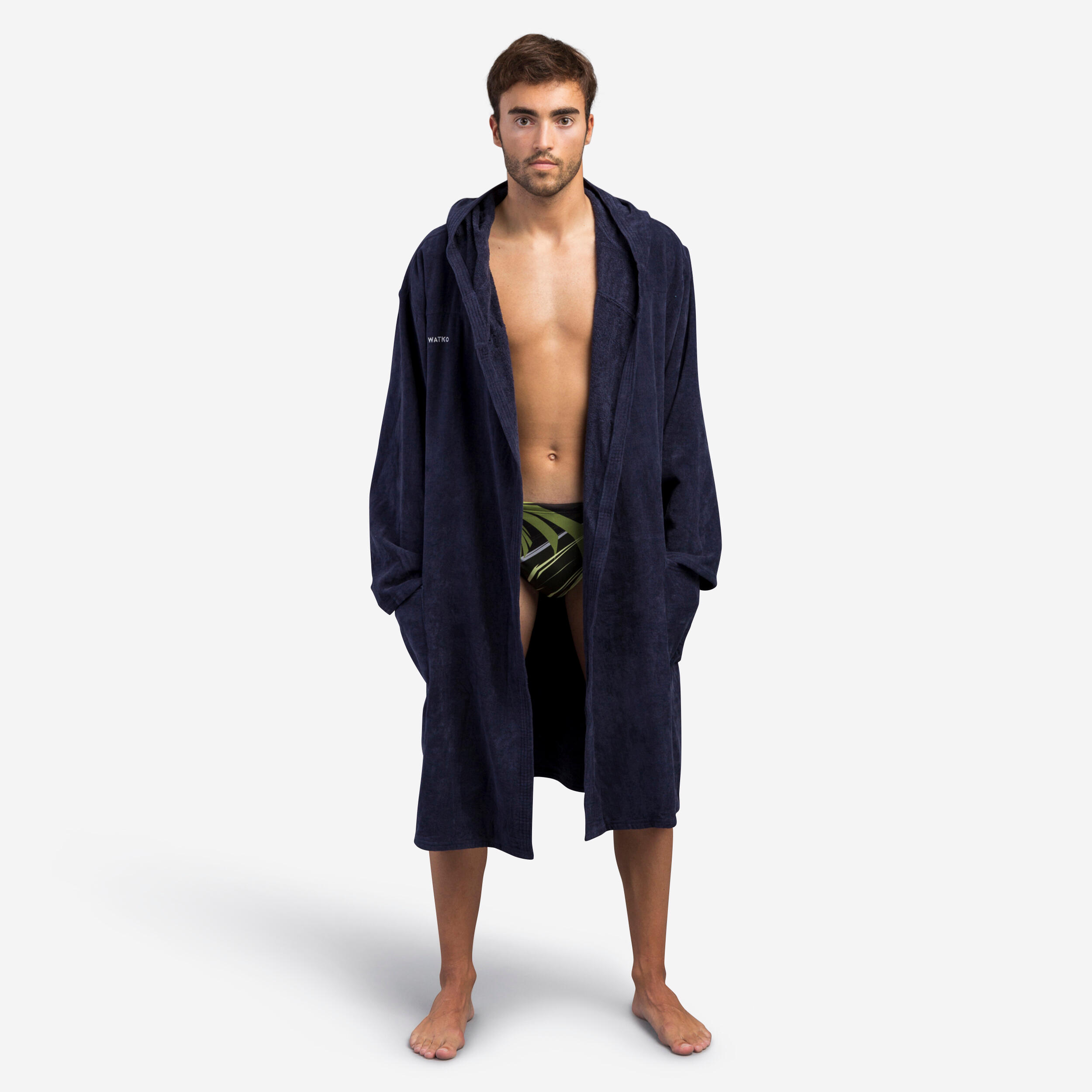 Bademantel Baumwolle Herren Kapuze dick - pfauenblau