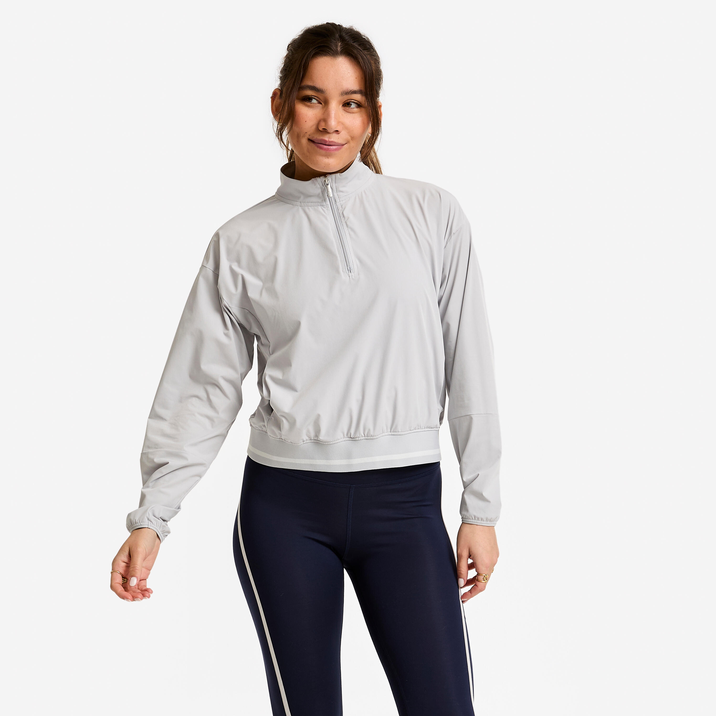 Sweatshirt Damen halber Reißverschluss Webstoff - grau
