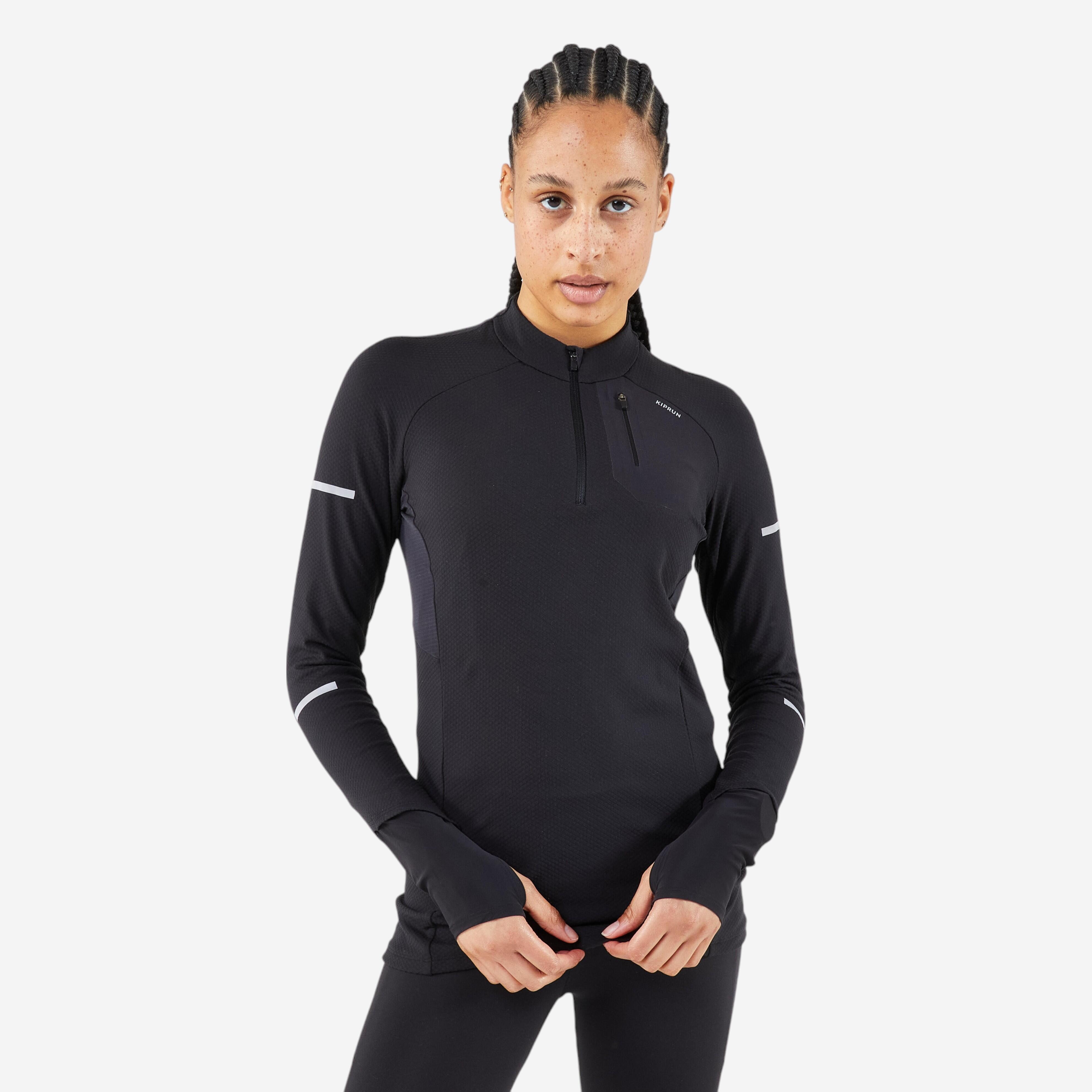 Laufshirt langarm Damen warm mit 1/2 Reissverschluss - Run 500 schwarz