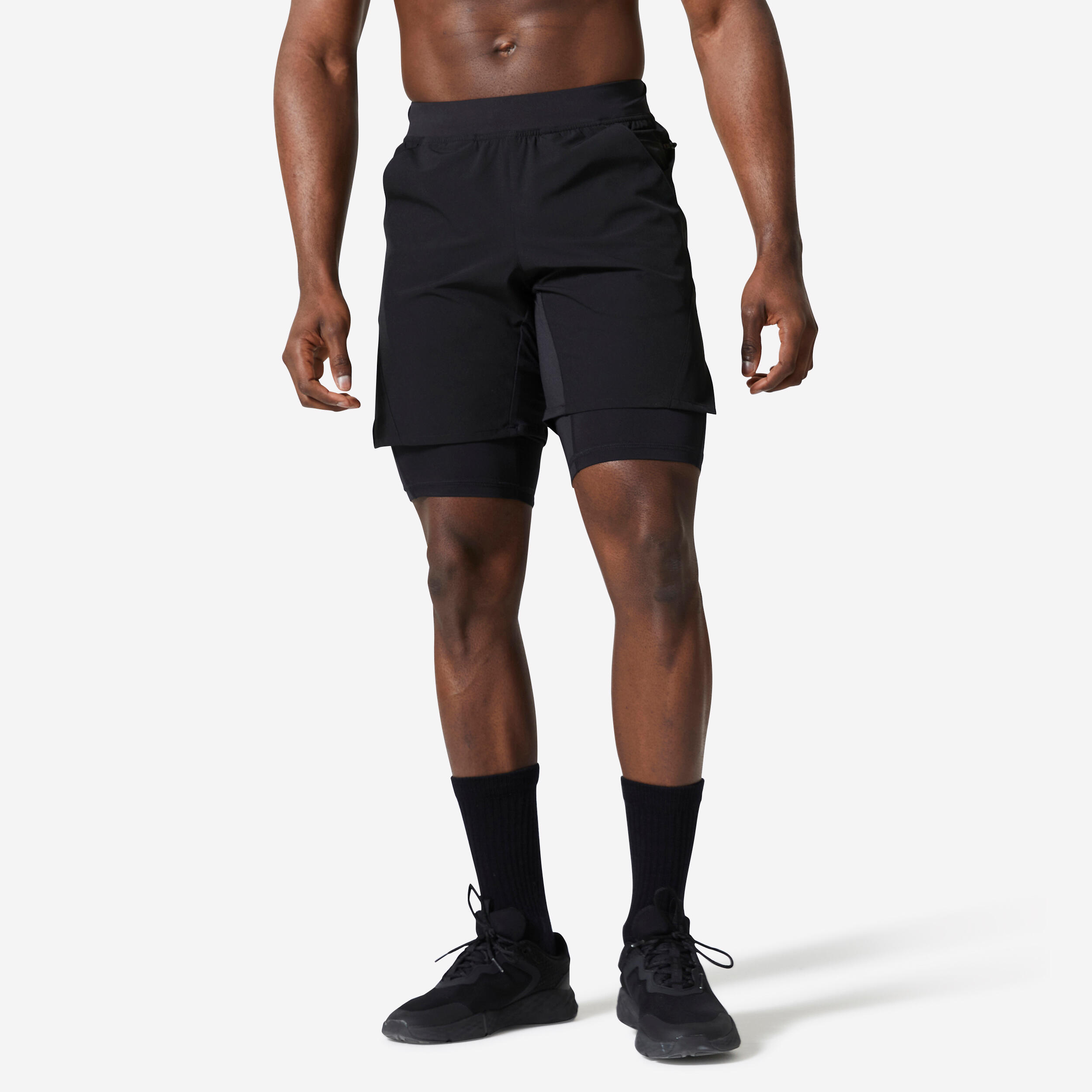2-in-1 Shorts Herren atmungsaktiv Reißverschlusstasche - 500 schwarz