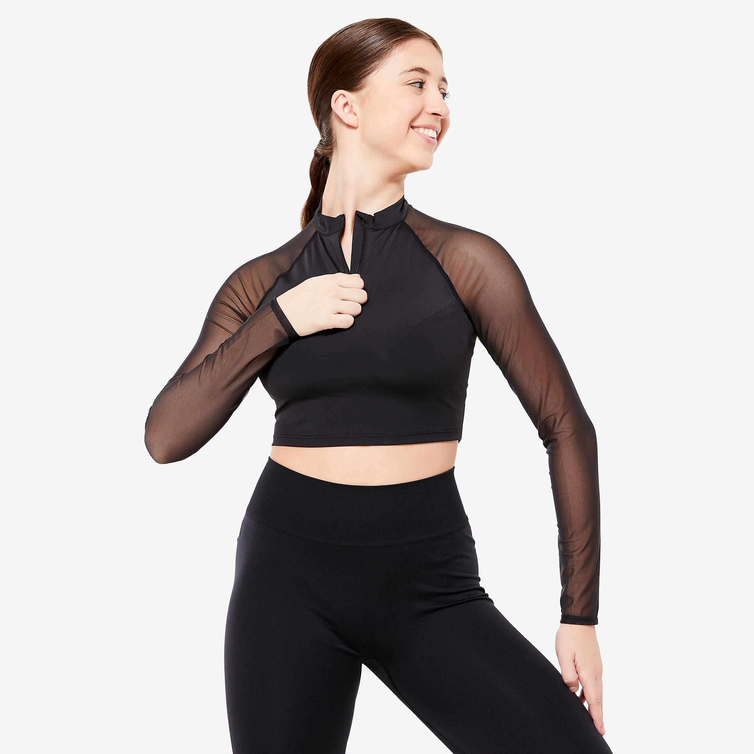 Crop Top Modern Dance Damen langarm mit Bustier - schwarz