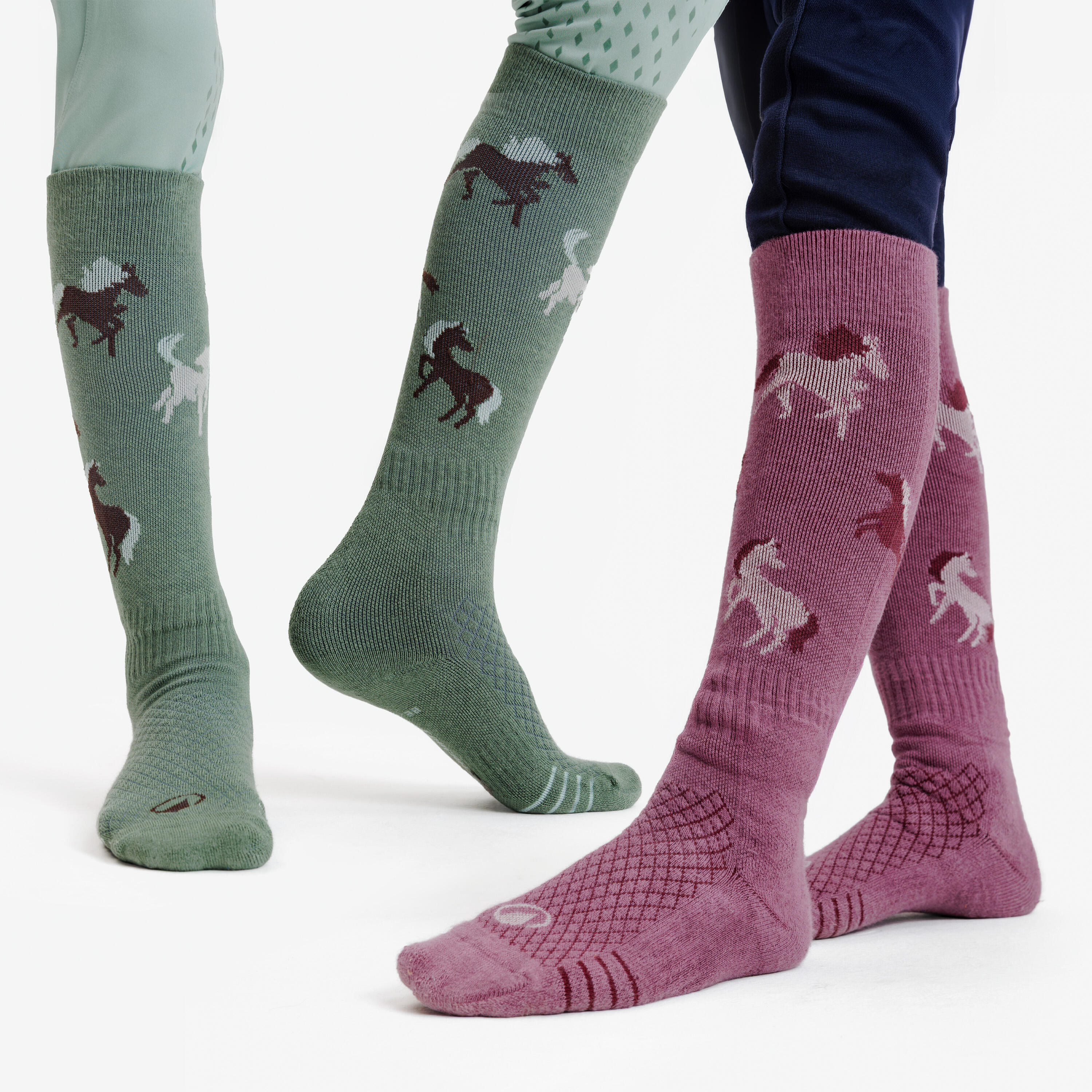 Reitsocken 500 Kinder Motiv grün/lila