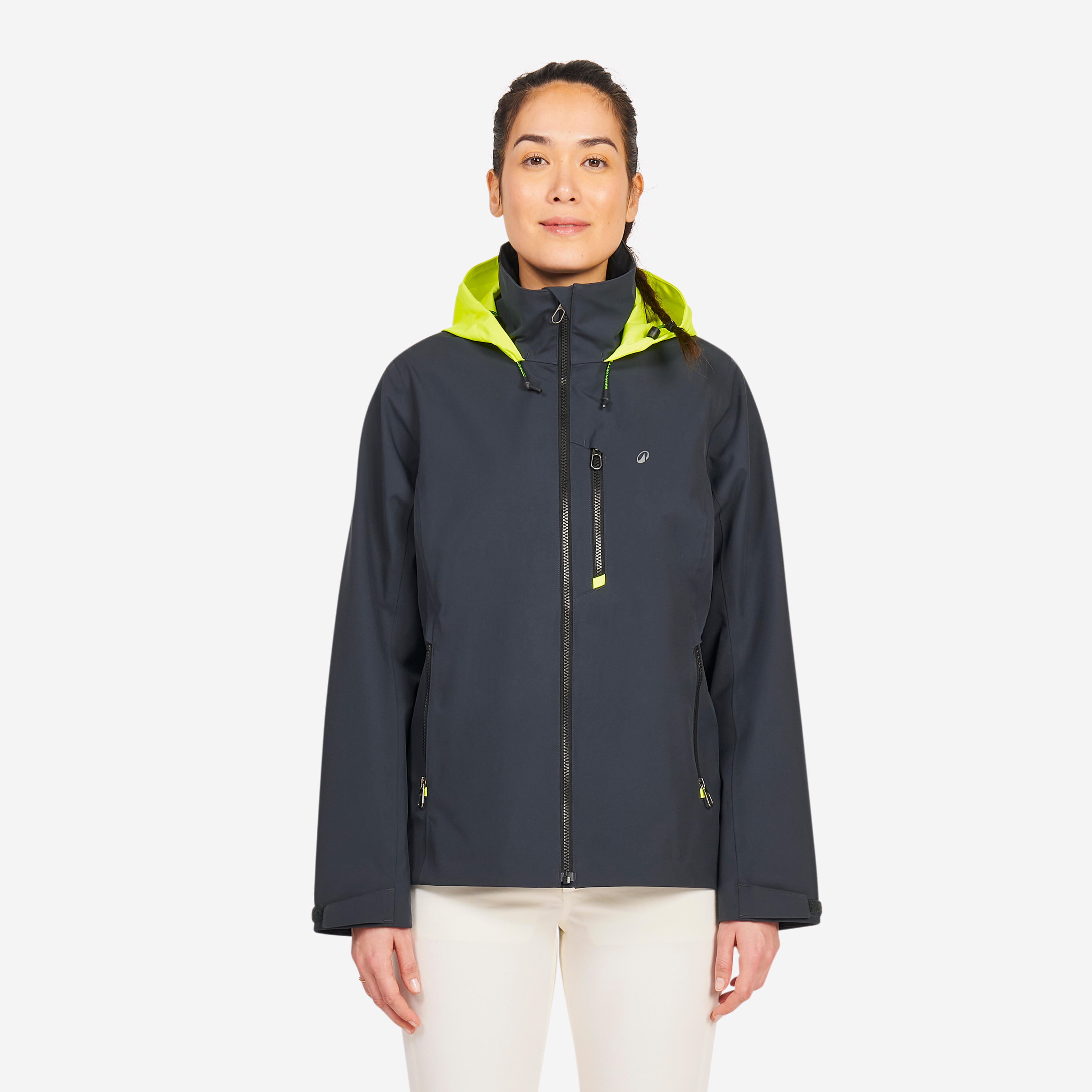 Regenjacke Segeln Damen wasserdicht winddicht 500 dunkelgrau/gelb
