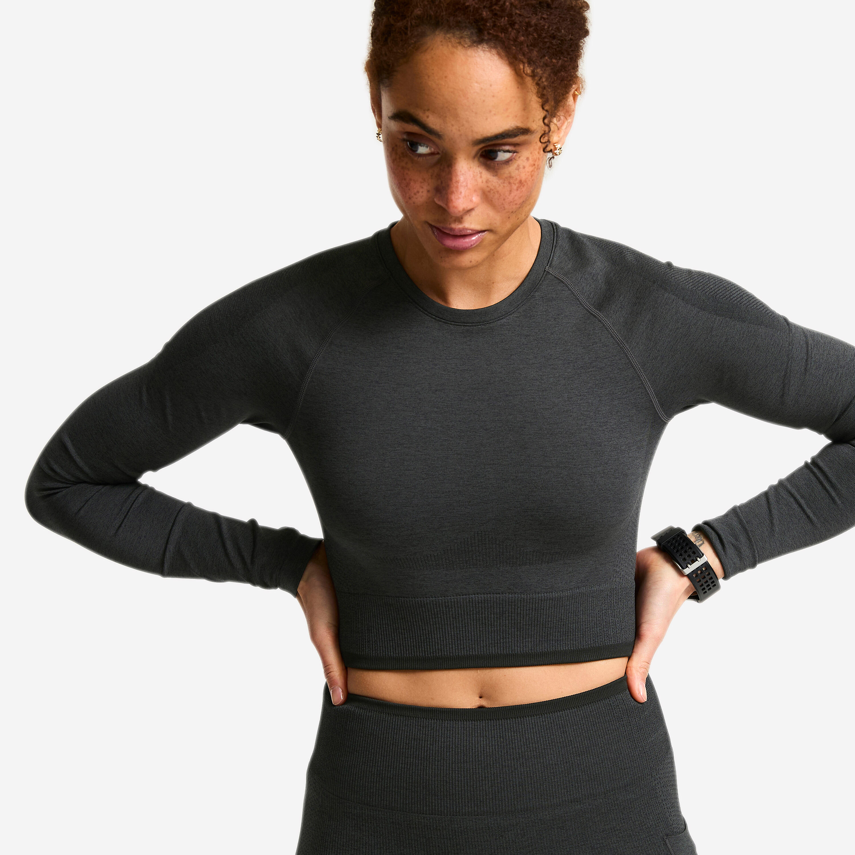 Crop Top Damen langarm - grau/schwarz