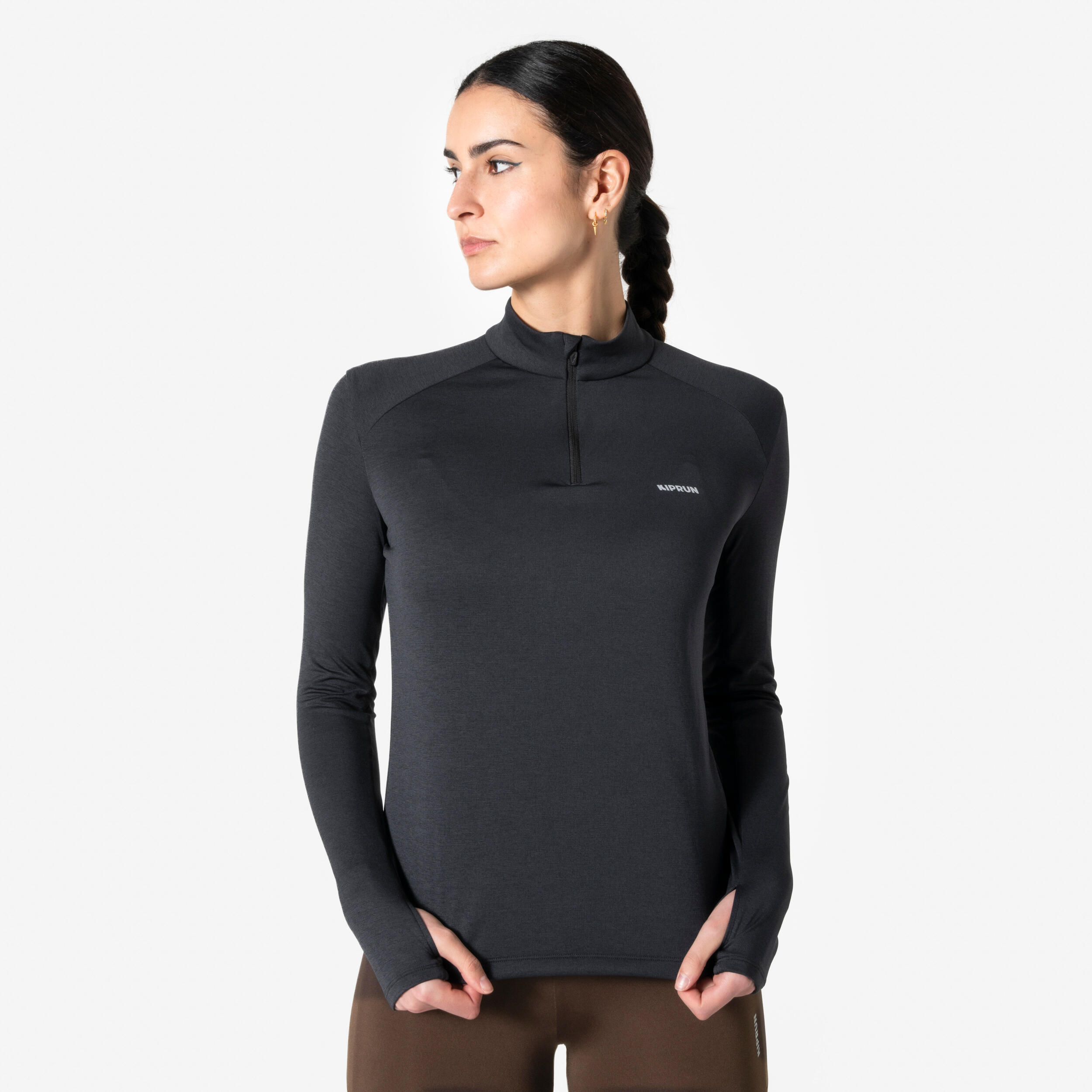 Laufshirt langarm Damen 1/2 Reißverschluss - Run Core schwarz
