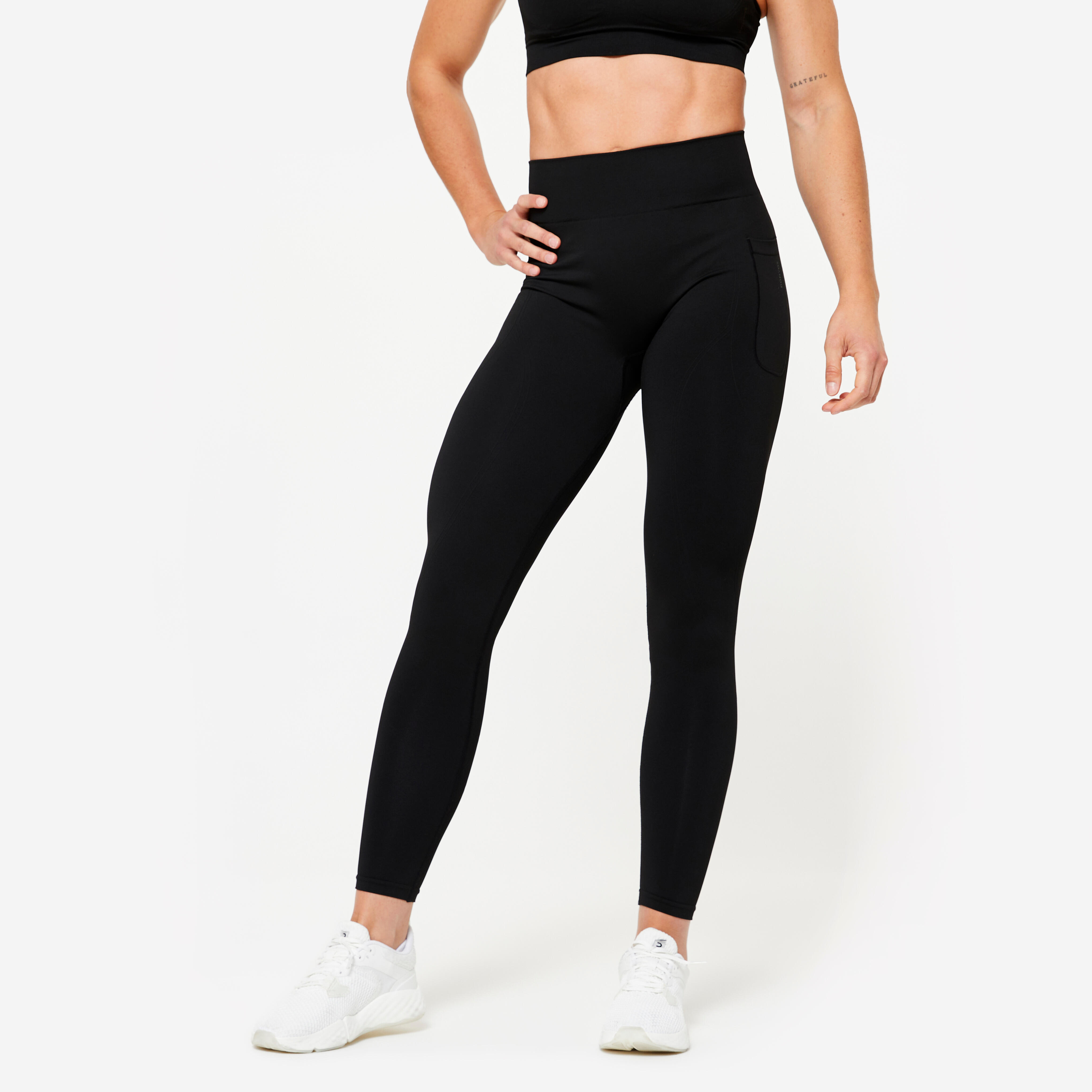 Leggings Damen hoher Taillenbund nahtlos Scrunch-Effekt - schwarz