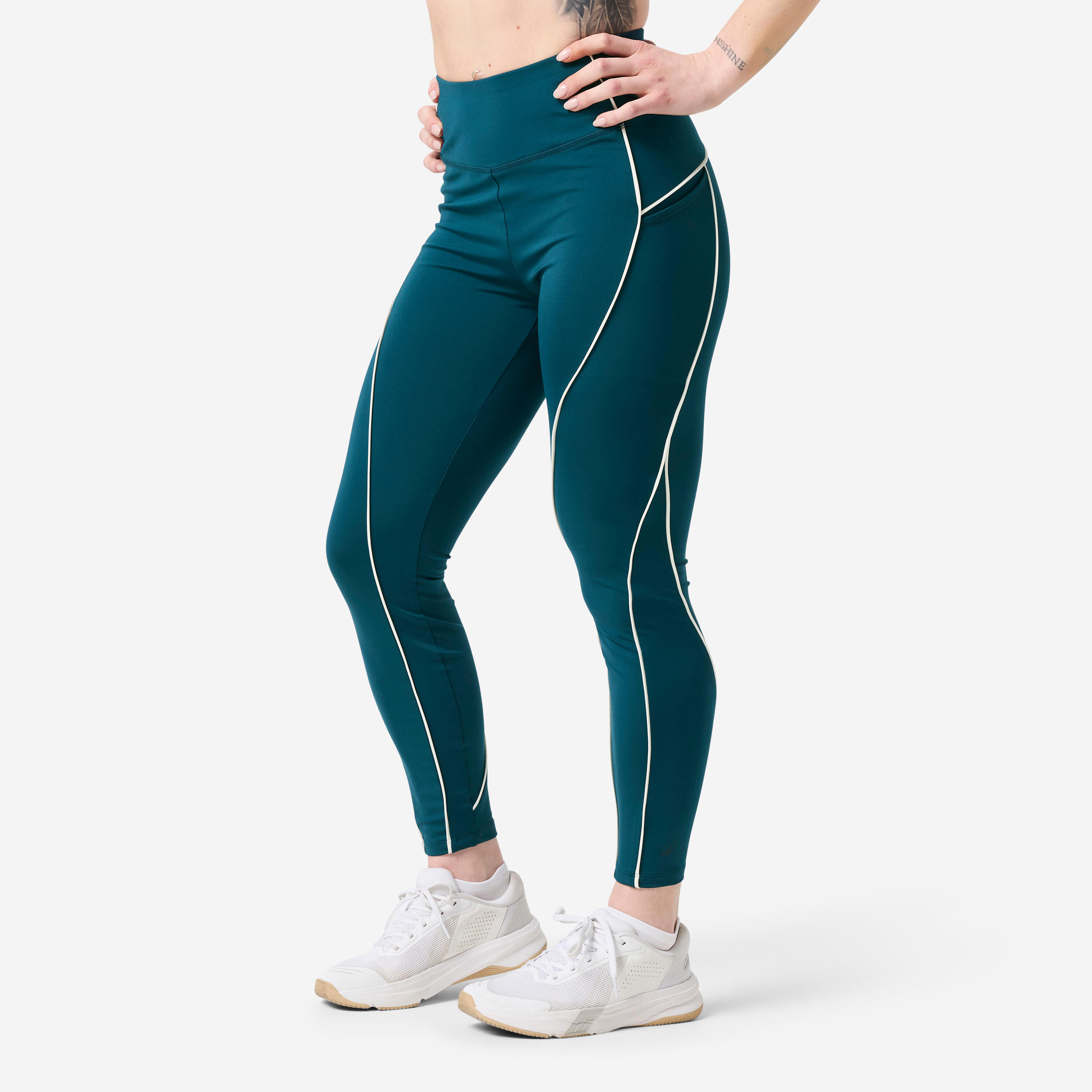 Leggings Damen hoher Bund - petrol mit weißer Paspelierung