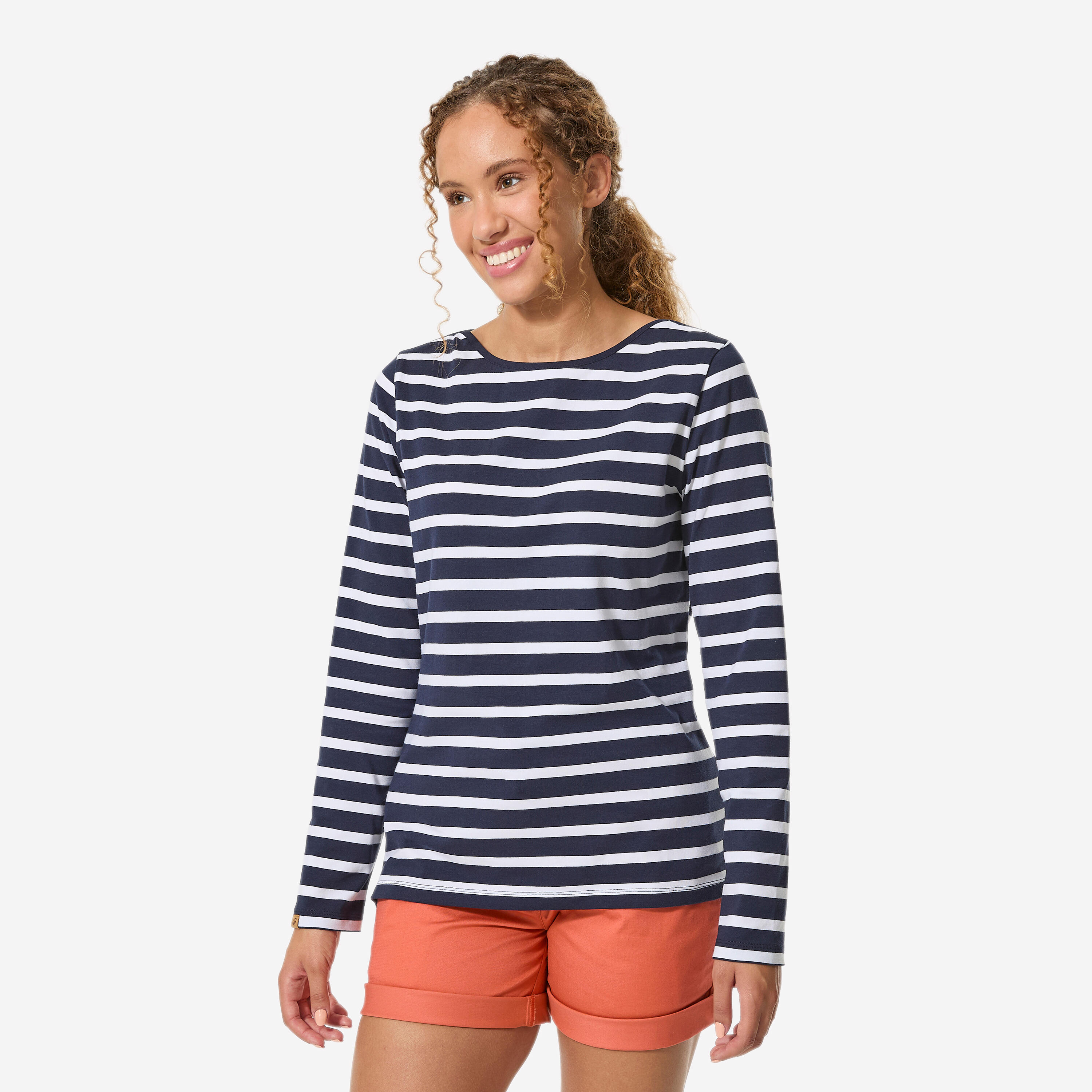 Segelshirt langarm Damen 100 marineblau/weiß