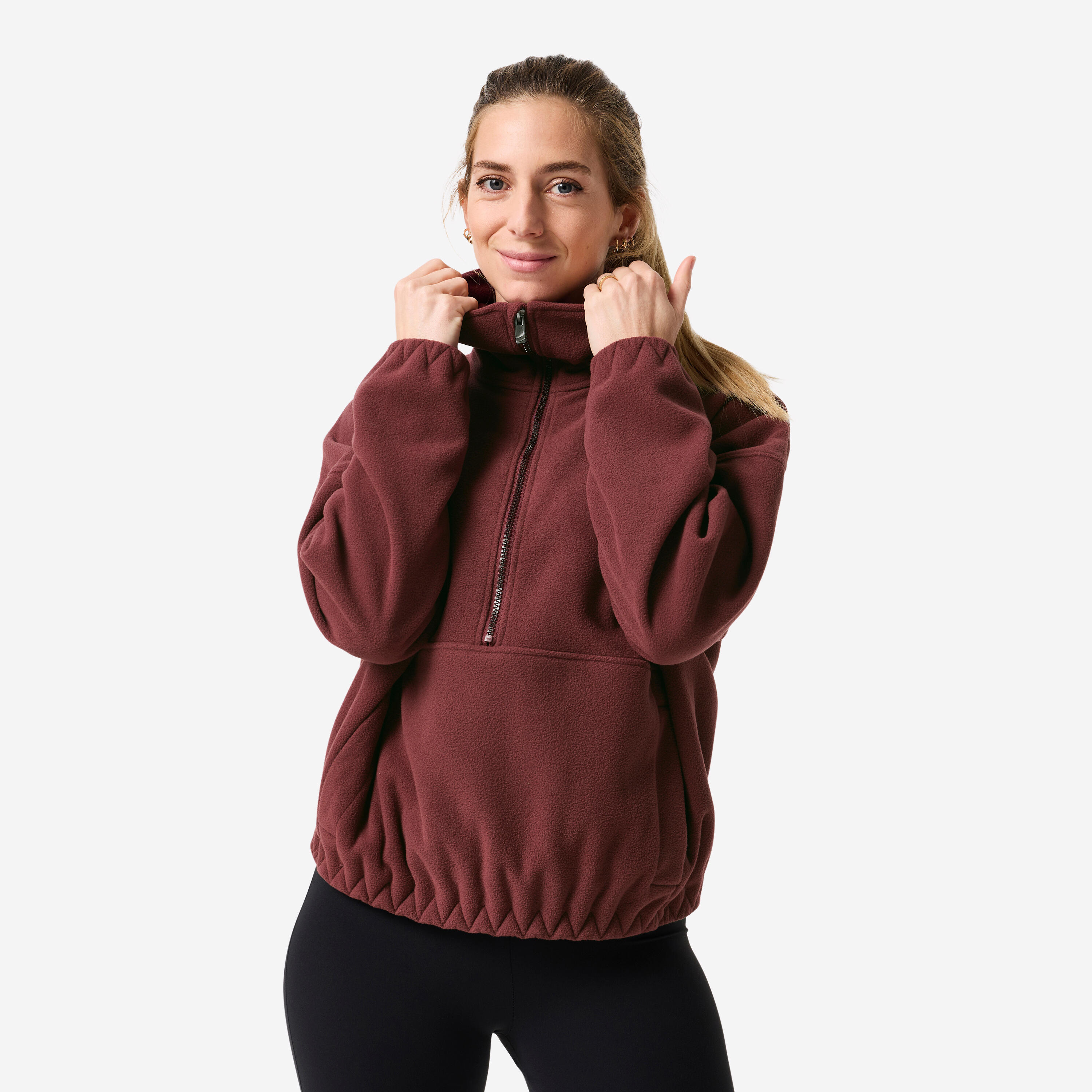 Sweatshirt Yoga Damen Fleece 1/2 Reißverschluss - bordeaux
