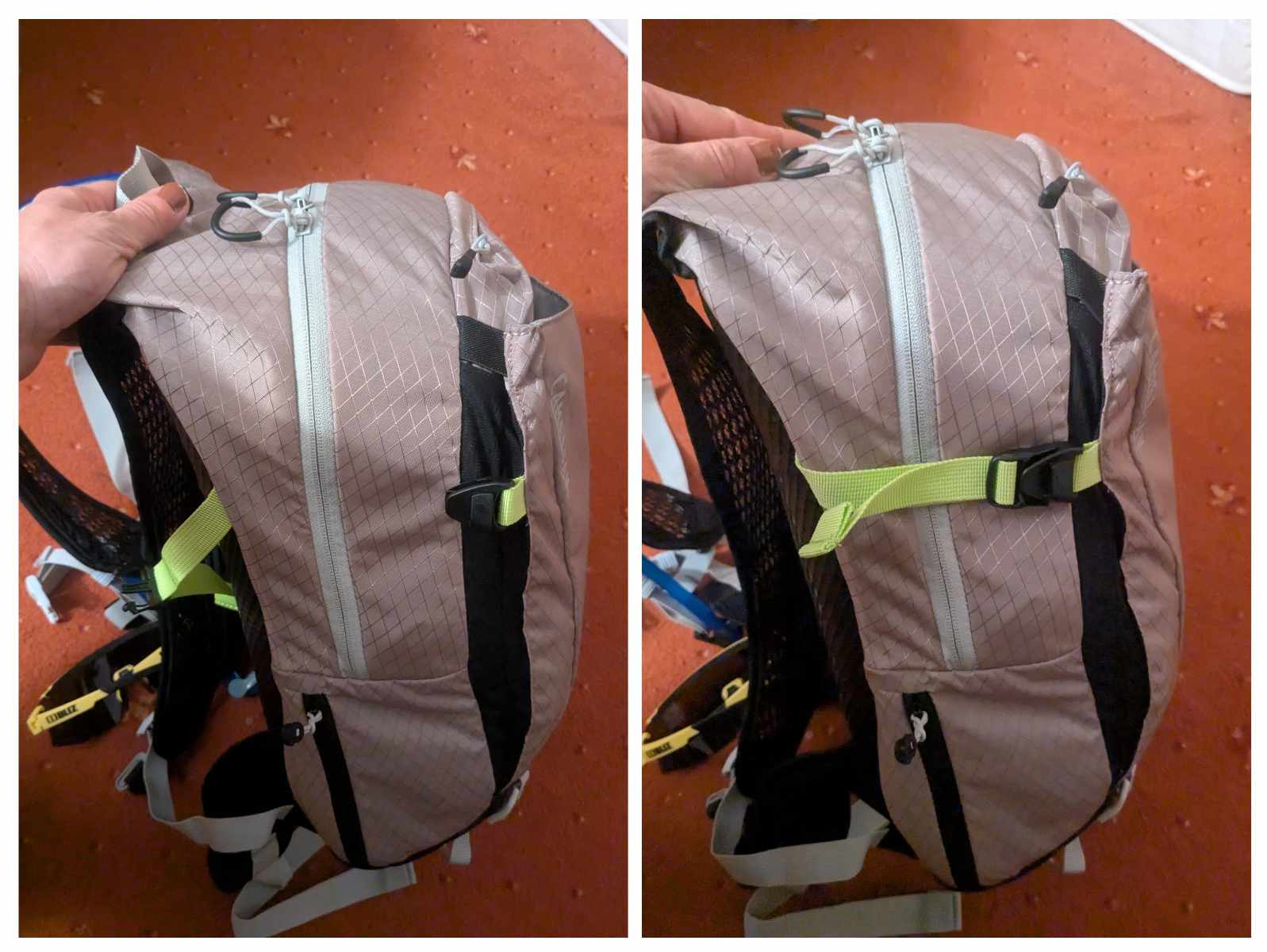 Man sieht den Rucksack einem mit offener und einmal mit geschlossener Schnalle 