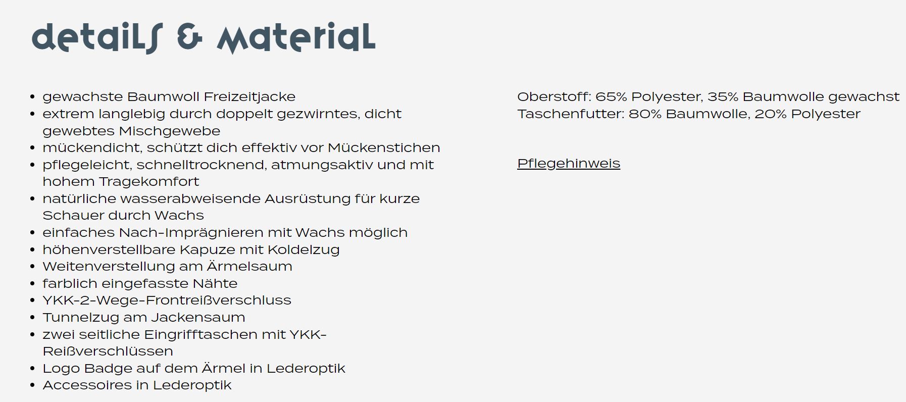 Info von der Homepage bzgl. Material
