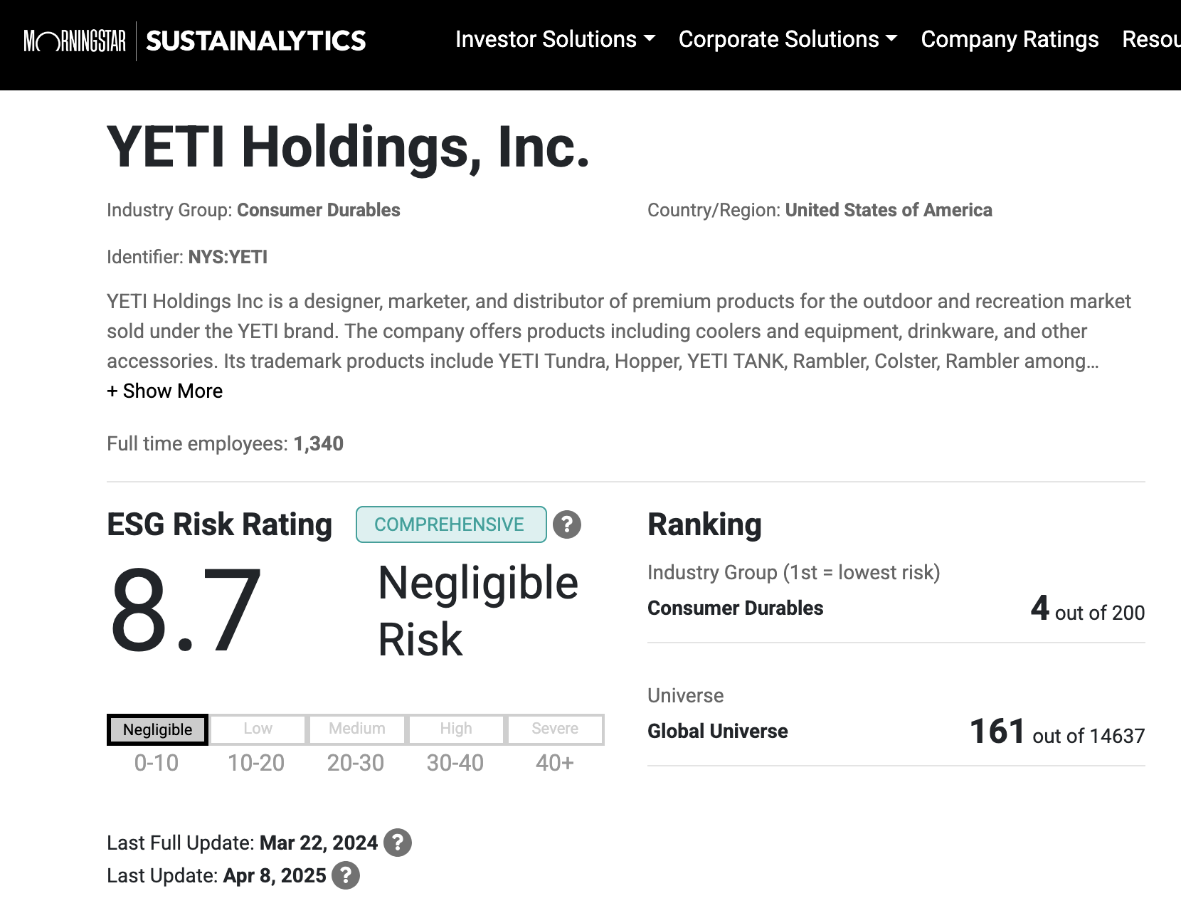 Externe Nachhaltigkeitsprüfung von sustainalytics. Quelle: https://www.sustainalytics.com/esg-rating/yeti-holdings-inc/2003683605