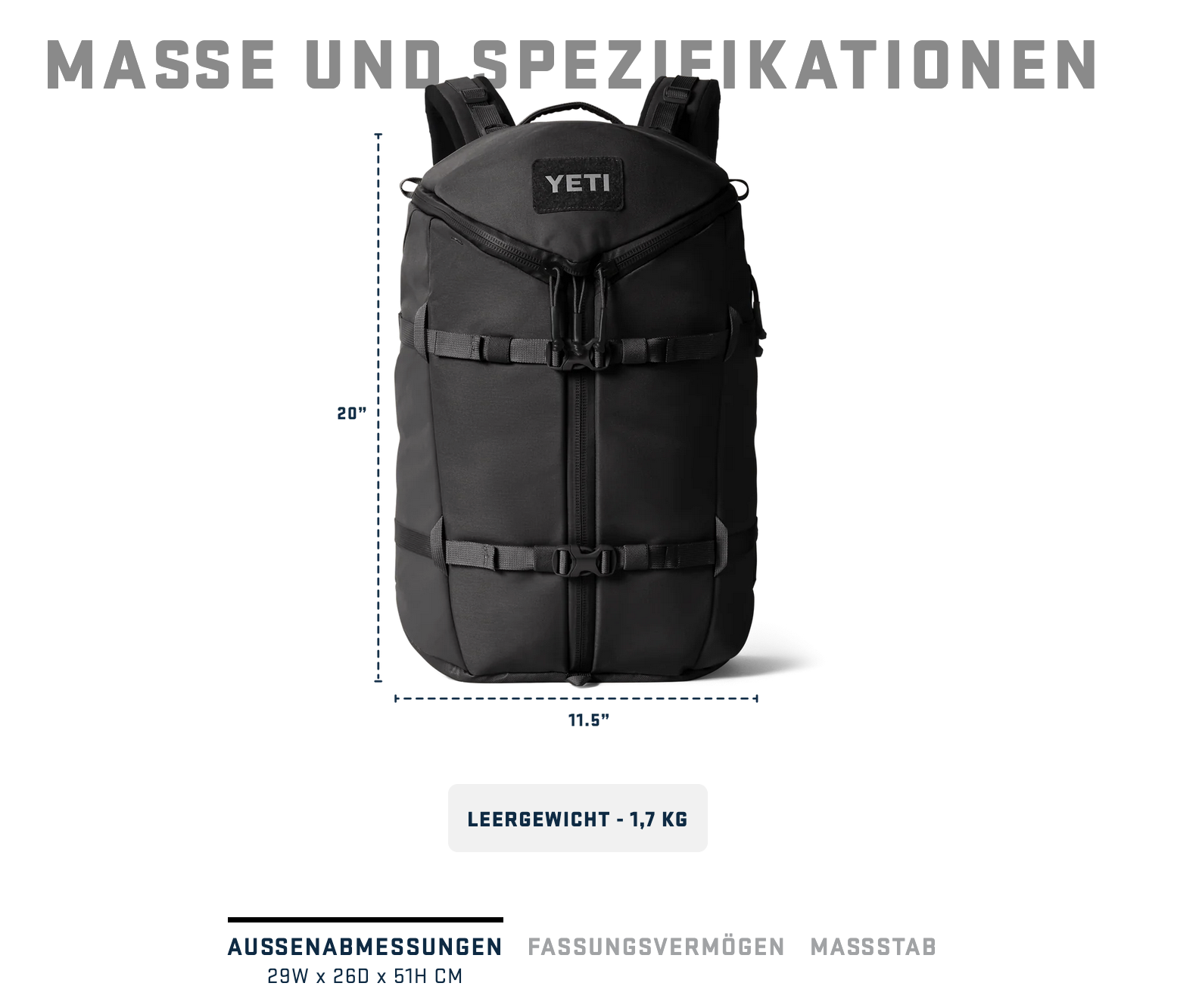 Maße des Rucksacks. Quelle: https://de.yeti.com/products/ranchero-27-rucksack-schwarz
