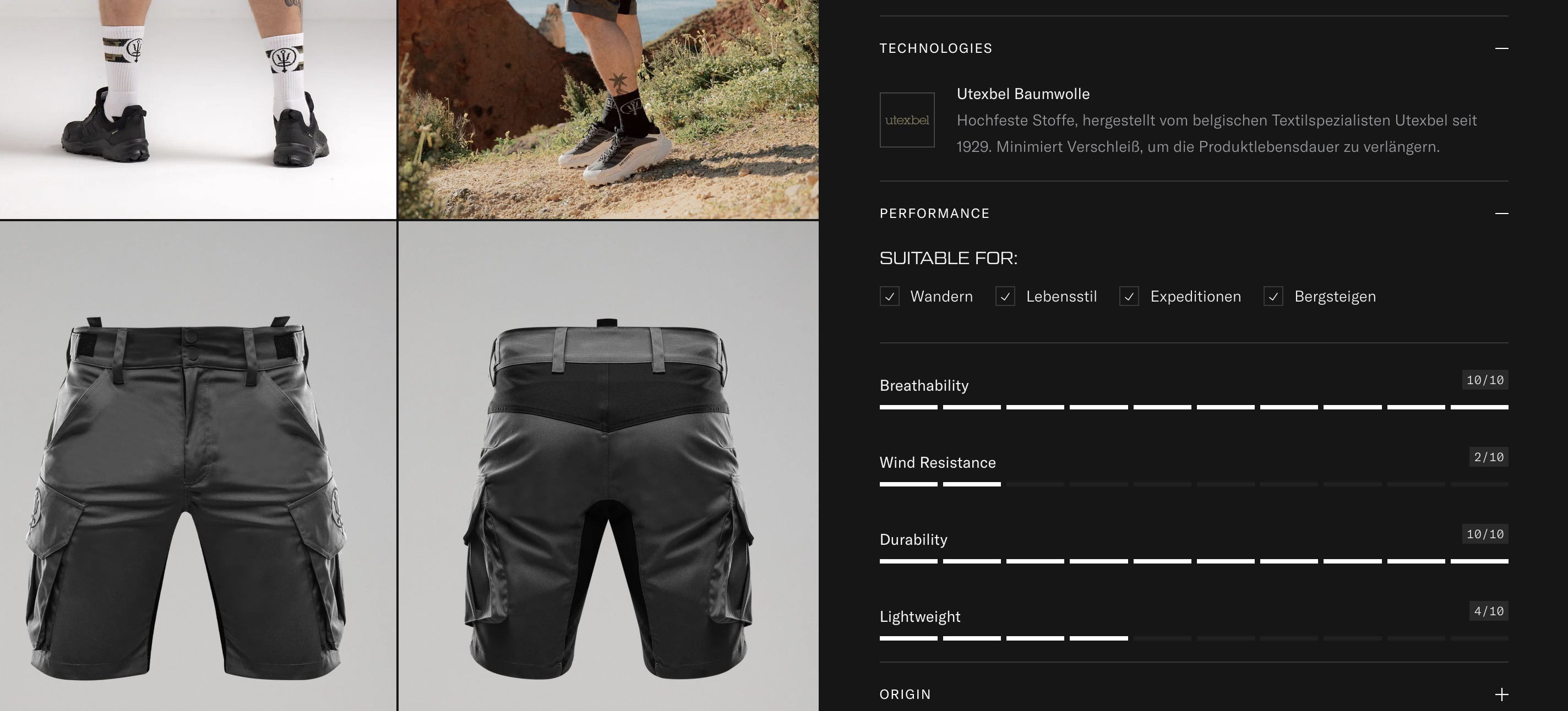 Screenshot von der Webseite. Stärke der Hose: Durability