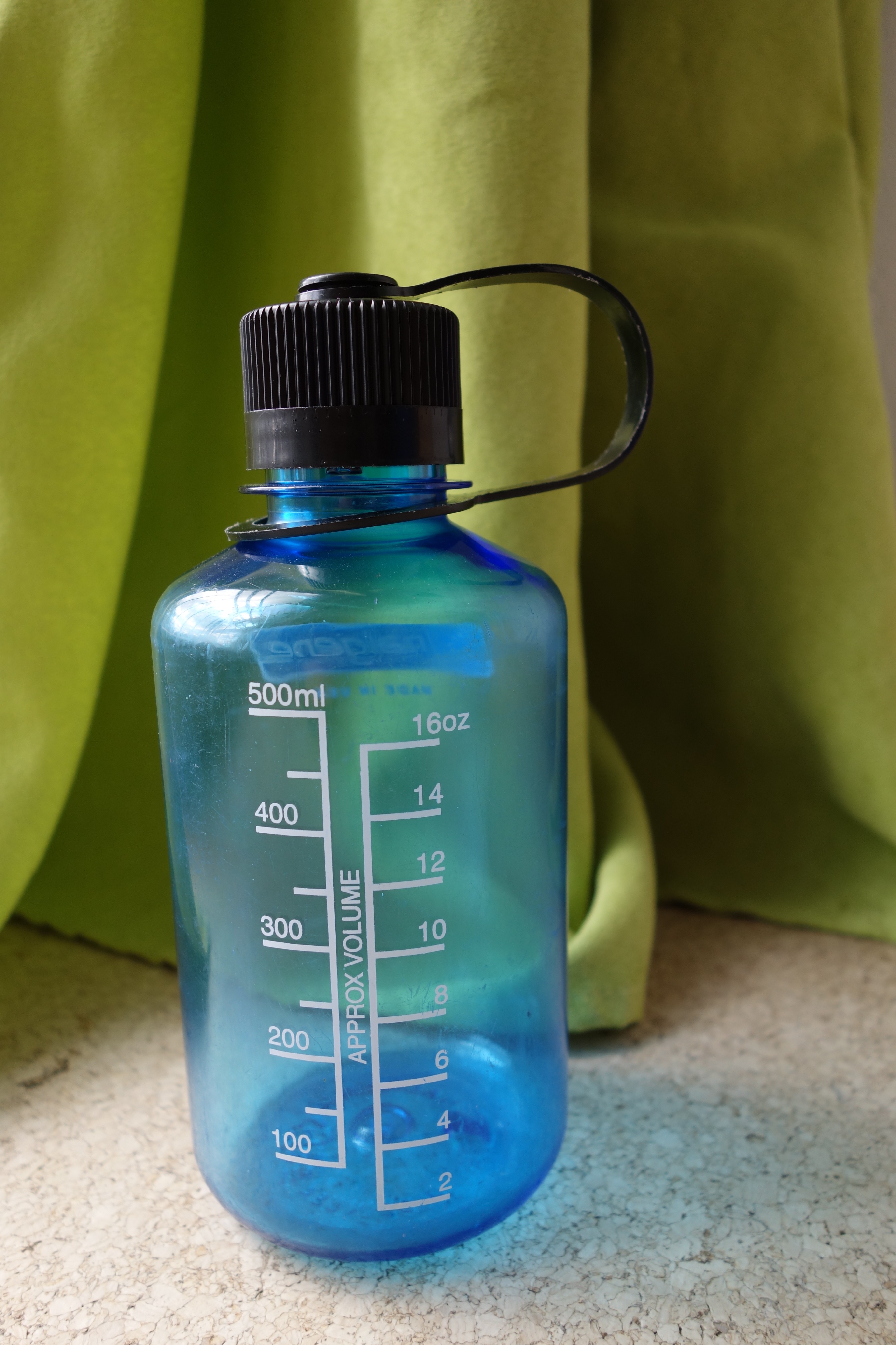 Die verschlossene Nalgene 0,5 Liter Trinkflasche in blau