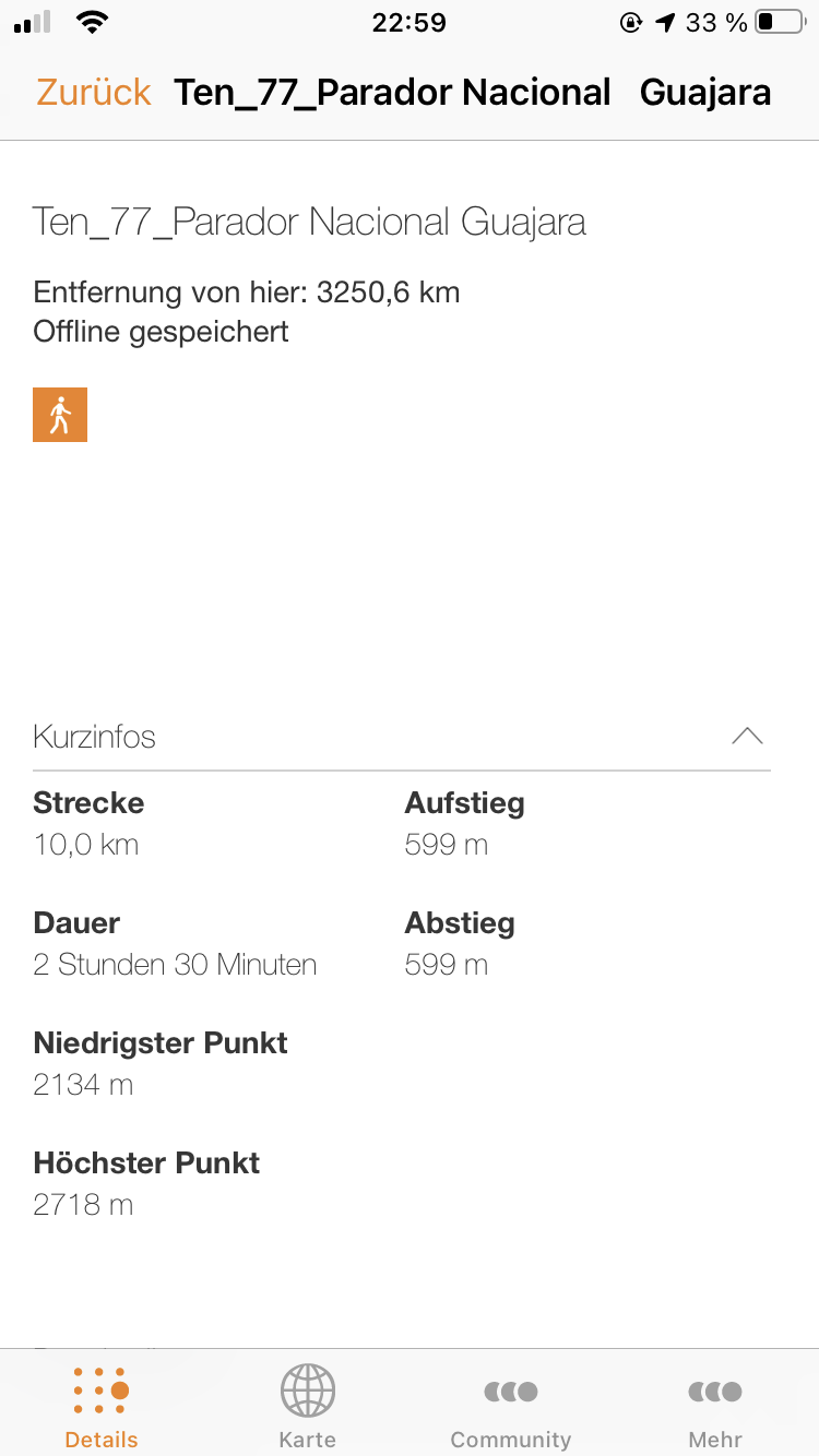 Übersicht des GPS-Tracks mit Höhe Dauer usw.