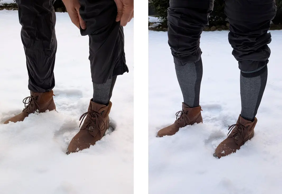 Socken unter eine langen Hose im Schnee