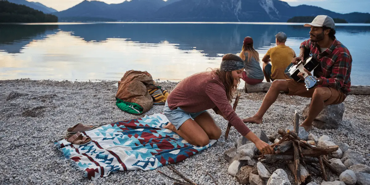  OUTSIDEstories Ratgeber Sonnenschutz beim Camping-Urlaub und auf Reisen, Lagerfeuer und Gitarre am See
