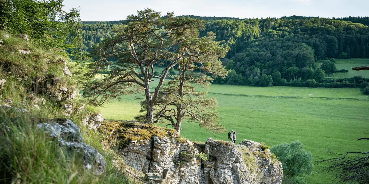 OUTSIDEstories Unterwegs-Tipp Altmühltal-Panoramaweg, Wandergruppe an den Zwölf Aposteln mit Blick ins Tal