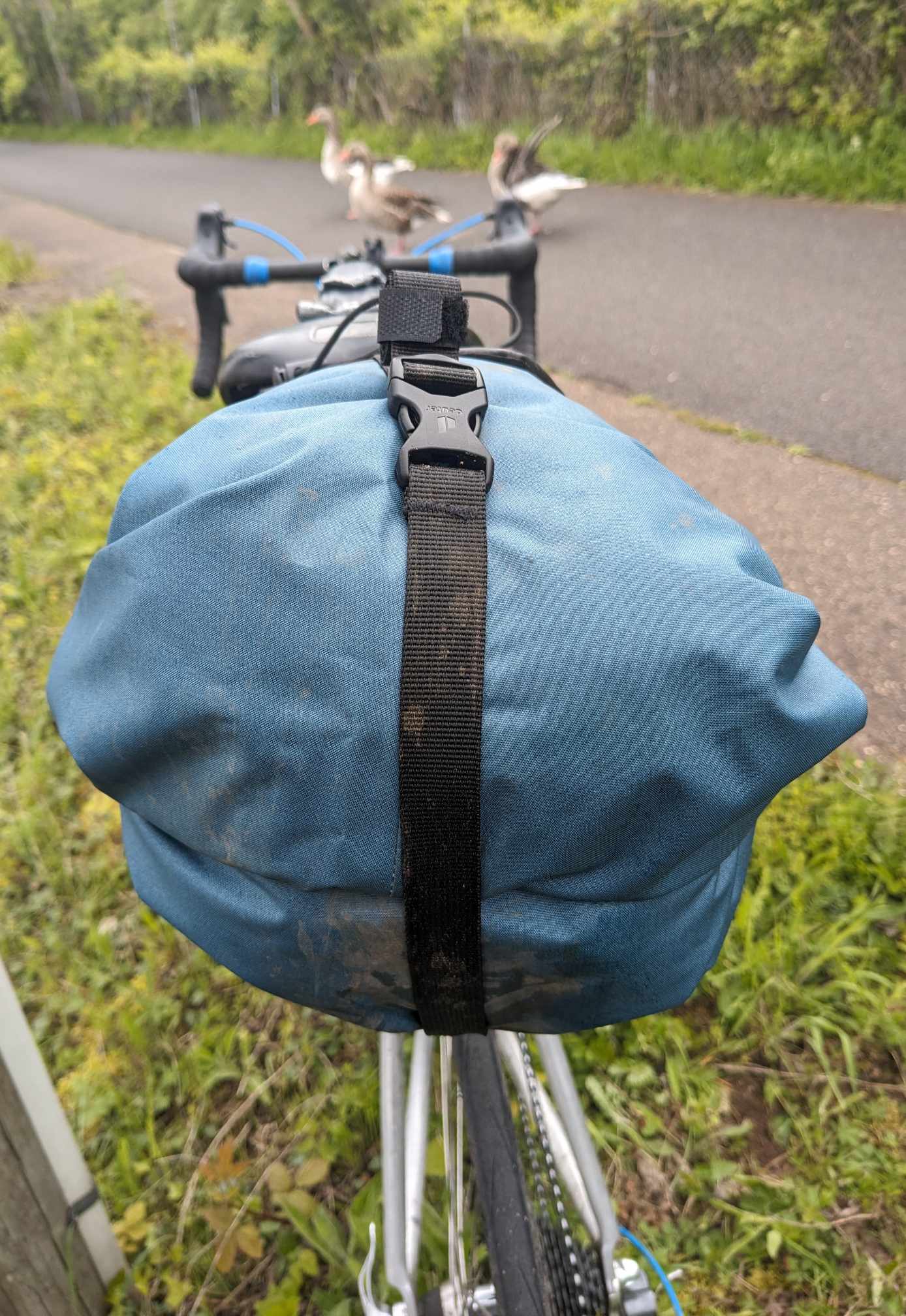 Man sieht das Gurtband, was einmal von unten nach oben um die Tasche rumgeht