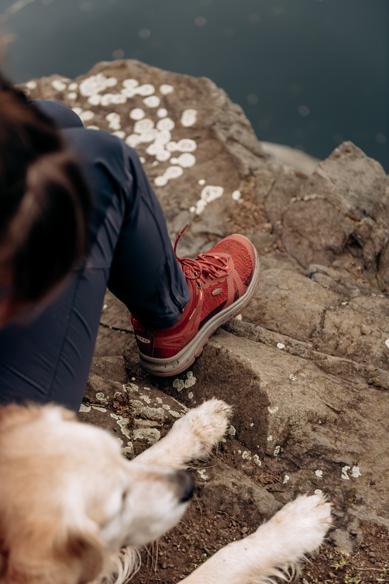 Frau und Hund sitzen auf Felsen
