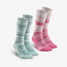 Wintersocken Erwachsene halbhoch Winterwandern - SH500 Doppelpack rosa/grün